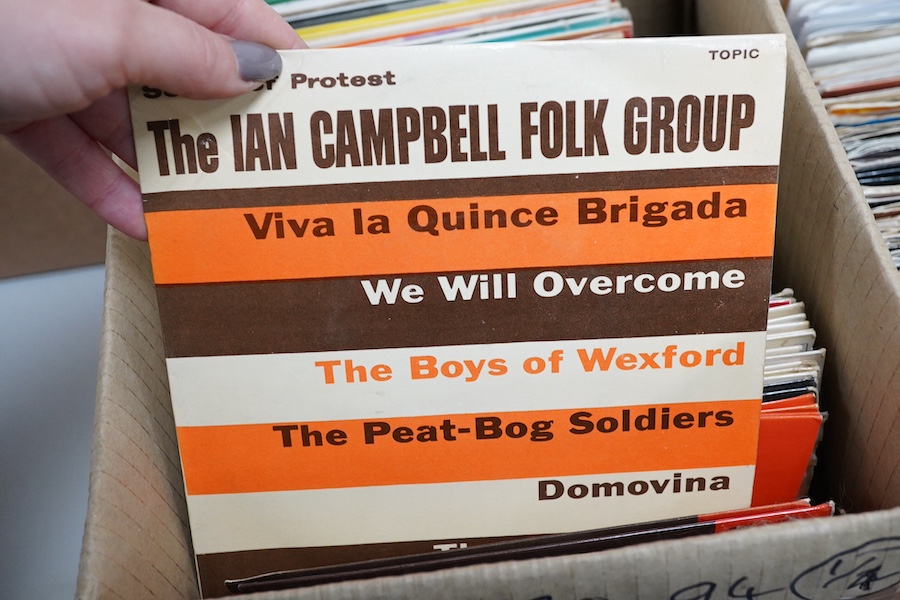 Four boxes of 7 inch singles, on record labels including; Columbia, Pye, Oriole, Stax, Top Rank, Parlophone, etc. artists include; Tom Jones, Otis Redding, The Seekers, Humphrey Lyttelton, Chris Barber, Chuck Berry, Clif